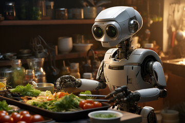 Android robot assistant make food, cooking in the kitchen, sci-fi  household innovation, smart technology, AI Generative..