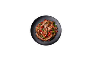 Delicious Asian teriyaki meat with red and green bell peppers