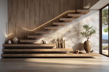 modern minimalist entrance hall with staircase and light natural materials