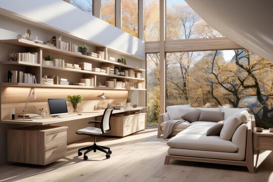 modern minimalist home study with light natural materials