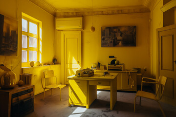 photo of a yellow room with a desk and in the central point a yellow laptop, all in yellow, shades of yellow