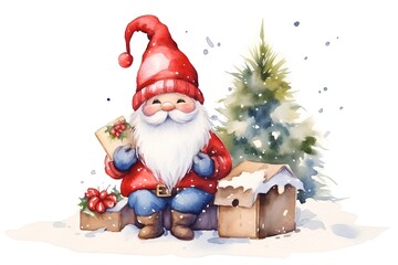 Hand drawn watercolor christmas illustration with Santa Claus sitting on a wooden box and holding a gift.