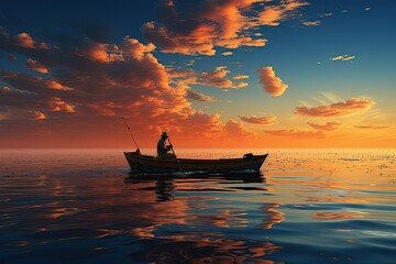 Fisherman on a Boat: A fisherman casts a net from a colorful boat, hoping for a bountiful catch on a calm sea.Generated with AI