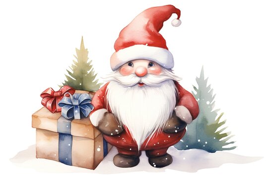 Watercolor Santa Claus with gift box. Hand painted illustration isolated on white background