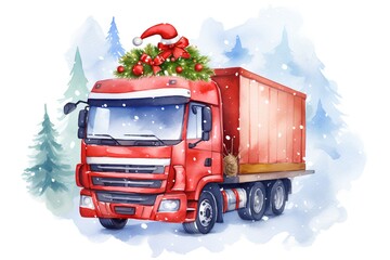 Christmas truck. Watercolor illustration. Isolated on white background.