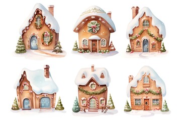Set of watercolor gingerbread houses. Christmas and New Year illustration.
