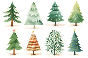 Watercolor Christmas trees set isolated on white background. Hand drawn illustration