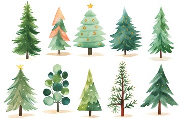 Watercolor Christmas trees set. Hand drawn illustration isolated on white background