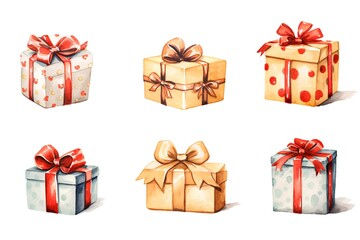 Set of watercolor gift boxes isolated on white background. Hand drawn illustration