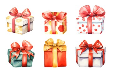 Watercolor set of gift boxes with bows. Hand painted illustration isolated on white background