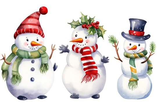Watercolor christmas snowman set. Hand painted illustration isolated on white background