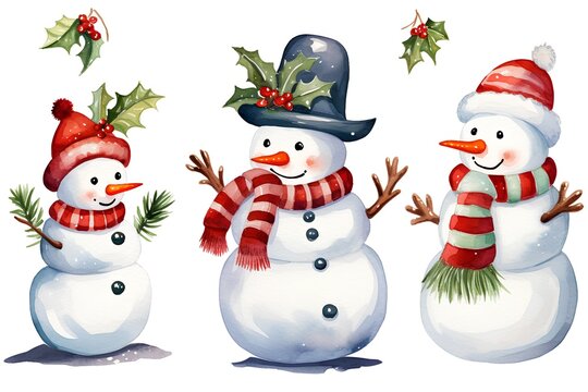 Watercolor christmas snowman collection. Hand drawn illustration on white background