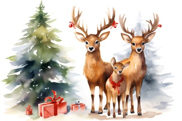 Watercolor Christmas greeting card with two deers and gift boxes.