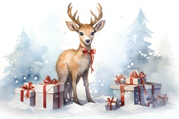 Watercolor christmas illustration with deer and gift boxes on white background