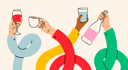 Stretched, flexible long hands hold various drinks. Wineglass, coffee cup, water, bottle. Boneless elastic arms. Cartoon style. Hand drawn Vector illustration. Isolated design templates - 646733571