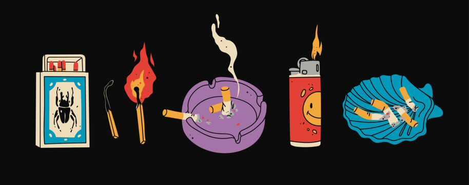 Various smoking accessories. Cigarette, matches box, ashtray with butts, lighter, burning match. Hand drawn Vector illustration. Isolated design templates. Smoking tools, bad habit, addiction concept