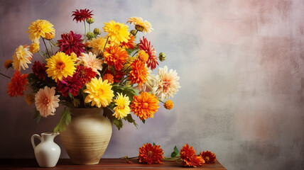 vase of autumn marigold flowers on a solid background with a copy space, greeting card in October, postcard
