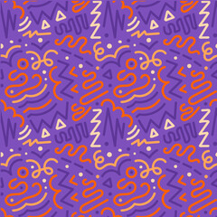 Colorful squiggle halloween party seamless pattern. Cute scary elements. doodle background illustration of autumn celebration decoration and childish creative abstract scribbles