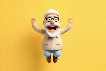 Virtual cartoon avatar of the grandfather of an old man, an Arab of the Middle East, happy in a jump - obrazy, fototapety, plakaty
