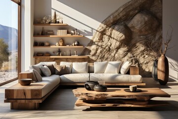 Fototapeta na wymiar modern minimalist living room with light natural materials