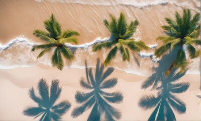 Obraz premium Aerial view of sea waves on sandy beach with palms
