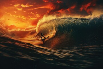 Surfer riding a big barrelling wave