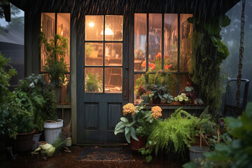 Raindrops steadily cascade onto a garden shed's roof, causing windows to steam up, while potted plants take in the nourishment