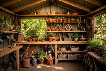  The vast interior of a garden shed reveals organized shelves, laden with pots, tools, and various gardening essentials - obrazy, fototapety, plakaty