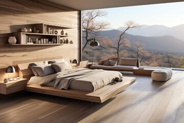 modern minimalist master bedroom with light natural materials