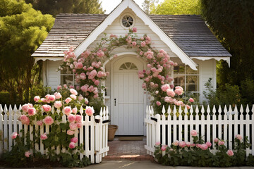 An old-world charm oozes from a vintage garden shed, with pink climbing roses decorating its walls and a white picket fence nearby © YouAreBeautiful