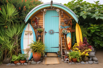 Fototapeta na wymiar Bringing the coast inland, a garden shed takes on a beach theme, with sand surrounding its base and surfboards leaning casually against its walls
