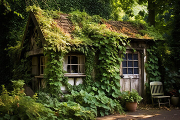 Fototapeta na wymiar Nature reclaims a forgotten garden shed, with ivy intricately wrapped around its walls and a wooden birdhouse set a short distance away