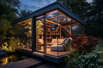 A sleek, modern garden shed boasts transparent glass walls, capturing and reflecting the radiant hues of the setting sun