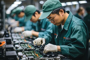 manufacturing process in a Chinese modern factory, including assembly lines, quality control, Generated with AI
