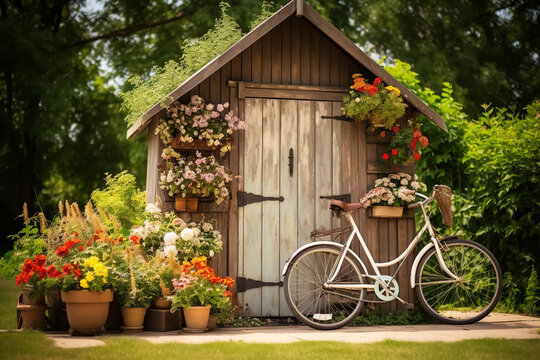  A rustic wooden garden shed stands as a testament to simpler times, with a vintage bicycle parked beside and wildflowers swaying in the breeze around - Powered by Adobe