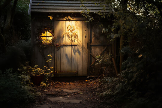 The garden shed door stands slightly open, allowing thin slivers of golden sunlight to dance through, hinting at mysteries inside