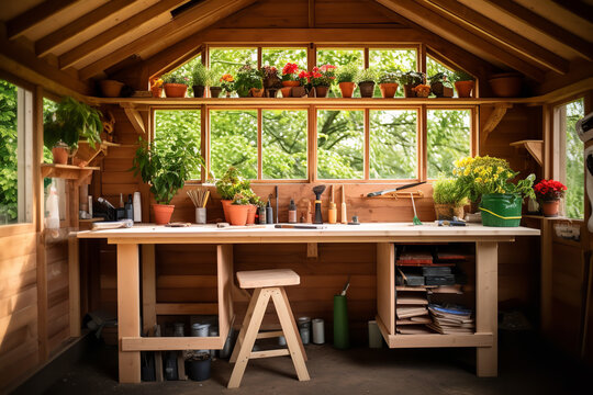 The organized chaos of a DIY workspace is evident inside a garden shed, with a workbench and various tools awaiting their next project