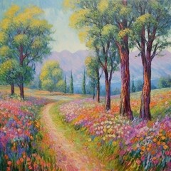 an painting showing trees and flowers, in the style of impressionist-landscapes