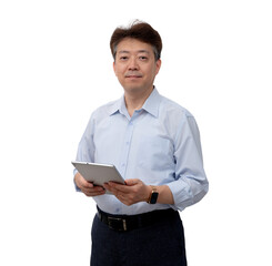 Portrait of a middle-aged Asian male businessman in his 50s wearing a blue shirt