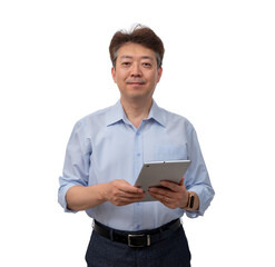Portrait of a middle-aged Asian male businessman in his 50s wearing a blue shirt