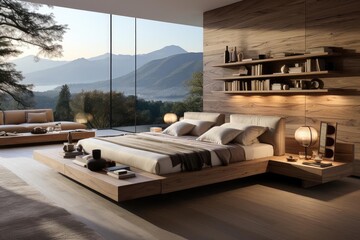 modern minimalist master bedroom with light natural materials - Powered by Adobe