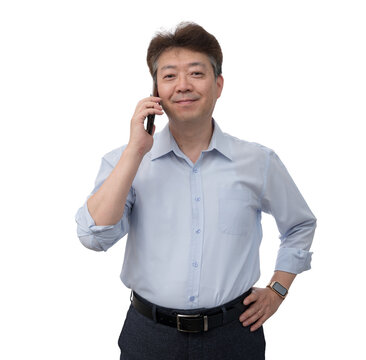 Portrait of a middle-aged Asian male businessman in his 50s wearing a blue shirt