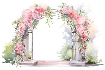 Watercolor wedding arch with pink roses. Hand drawn illustration isolated on white background