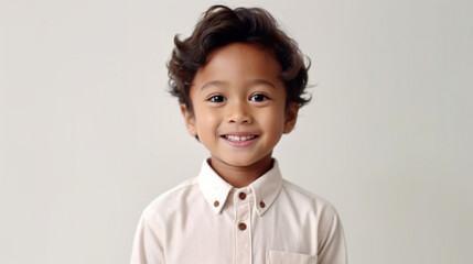 Happy little boy, dressed in neutrals, poses against a beige studio background. Generative AI
