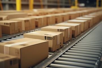 Cardboard box packages moving along a conveyor belt in a warehouse sorting center. AI generative