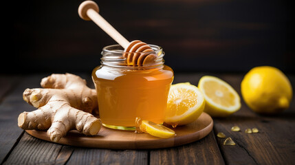 Honey in a glass jar with wooden spoon, lemon, on a wood table and dark wall background.