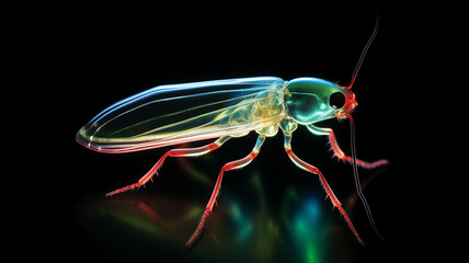 fantastic macro insect invented isolated on a black background, glowing transparent unusual creature generated