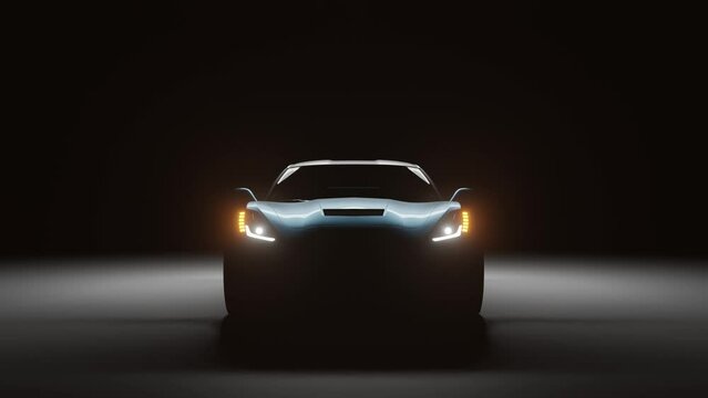 3D Rendered Super car Cinematic Camera angle view in dark background, White sport car headlights blinking in dark with a black background, supercar movie view