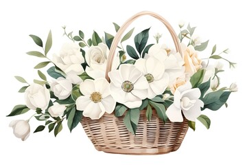 Wicker basket with white flowers and green leaves isolated on white background. Watercolor illustration.