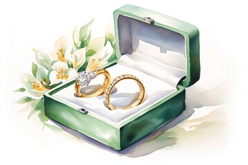 Wedding rings in a green box with flowers. Watercolor illustration